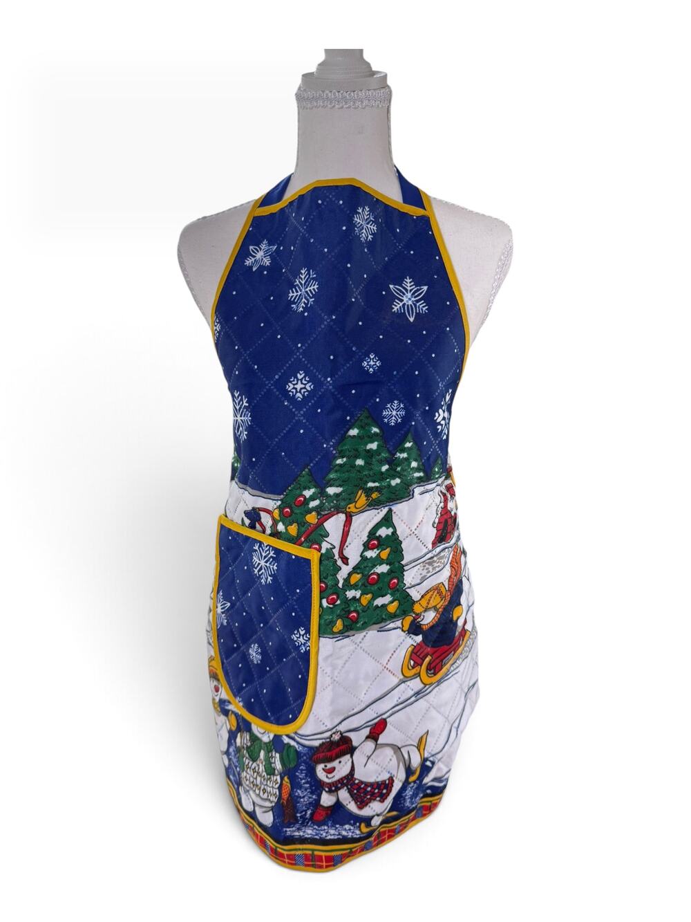 Vintage Quilted Christmas Apron Snowman Winter Holiday Kitchen